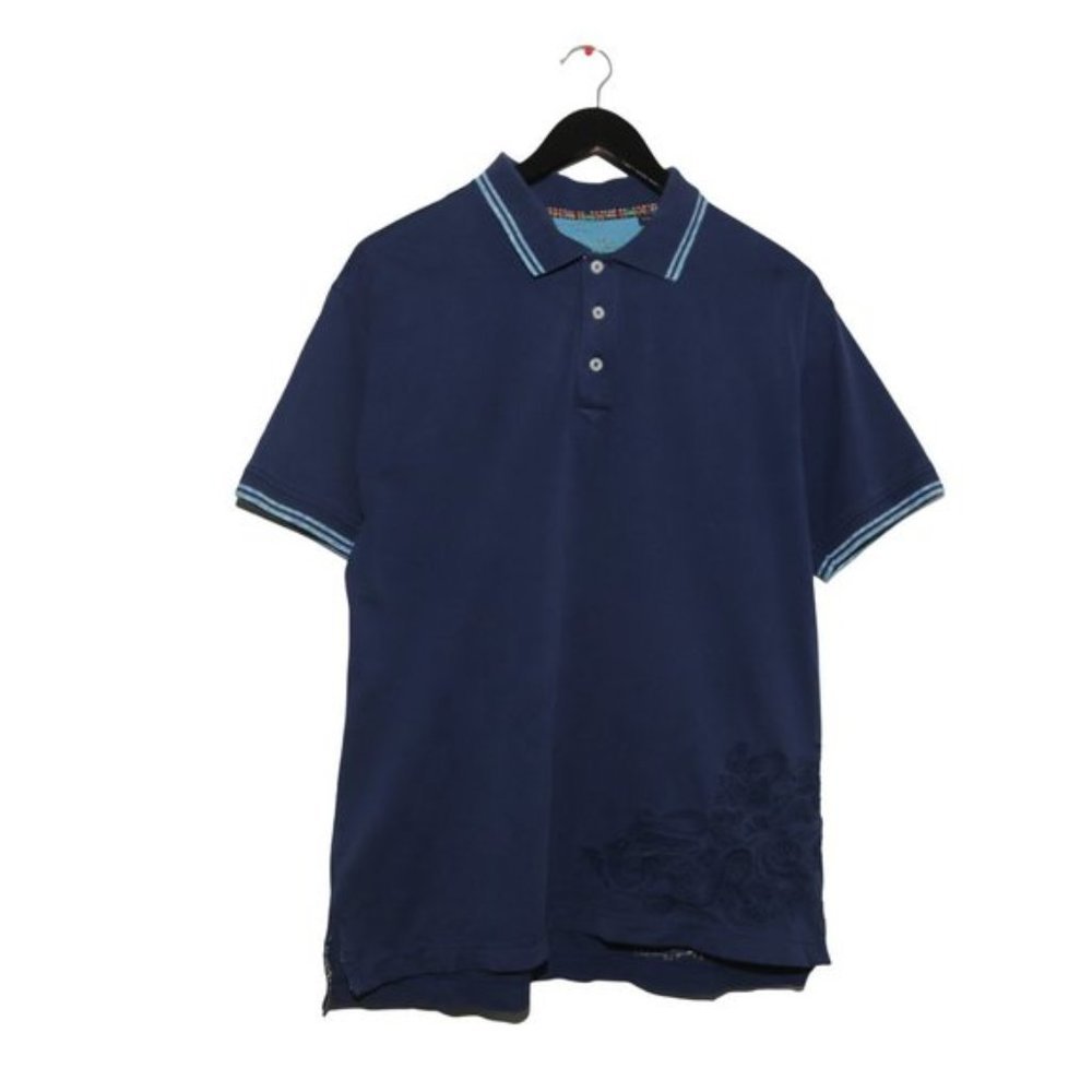 Robert Graham Collared Embroidered Navy Blue Polo Shirt Stripe Trim